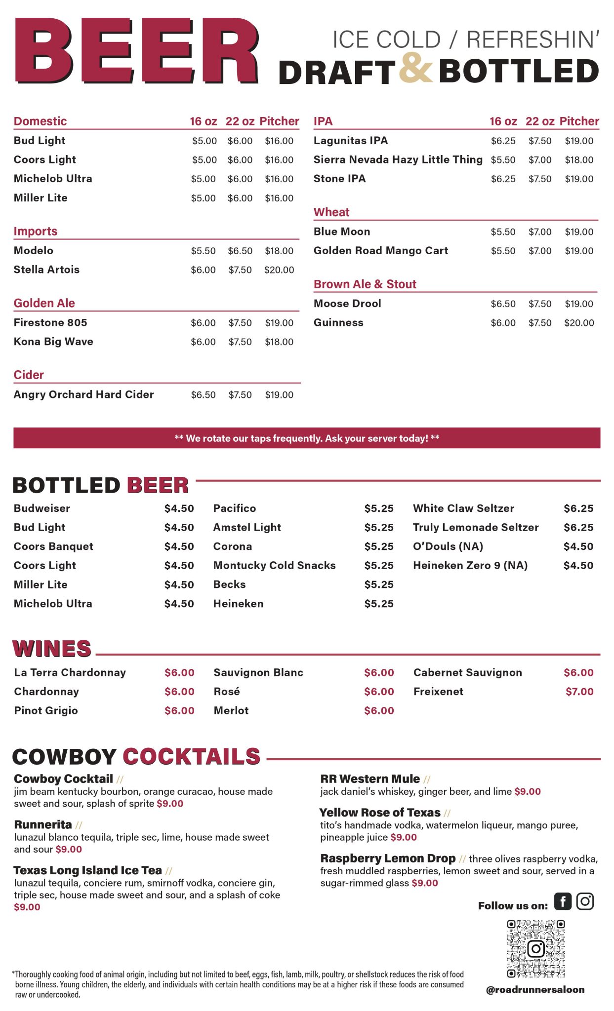 Menu Roadrunner Cowboy Saloon